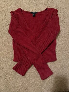 Forever 21 Burgundy Ribbed V-Neck Cropped Long Sleeve Top
